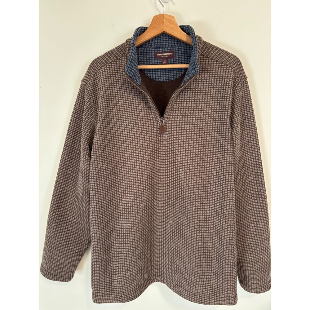 Johnston & Murphy Mens XL Brown Check Fleece Lined 1/4 Zip Pullover 74-4473